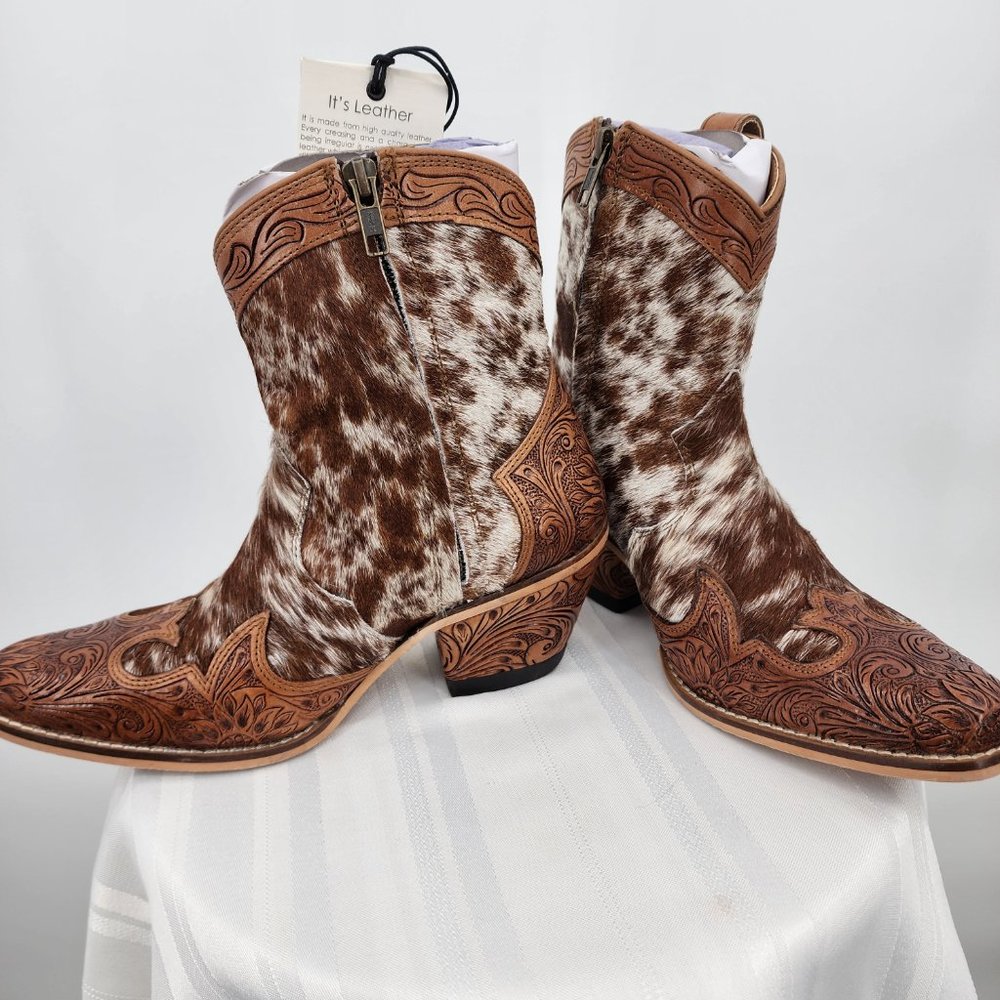 MYRA BAG Georgia Trails Brown & White Hair-On Hide Short Cowboy Boots 6-11 New - Picture 10 of 14